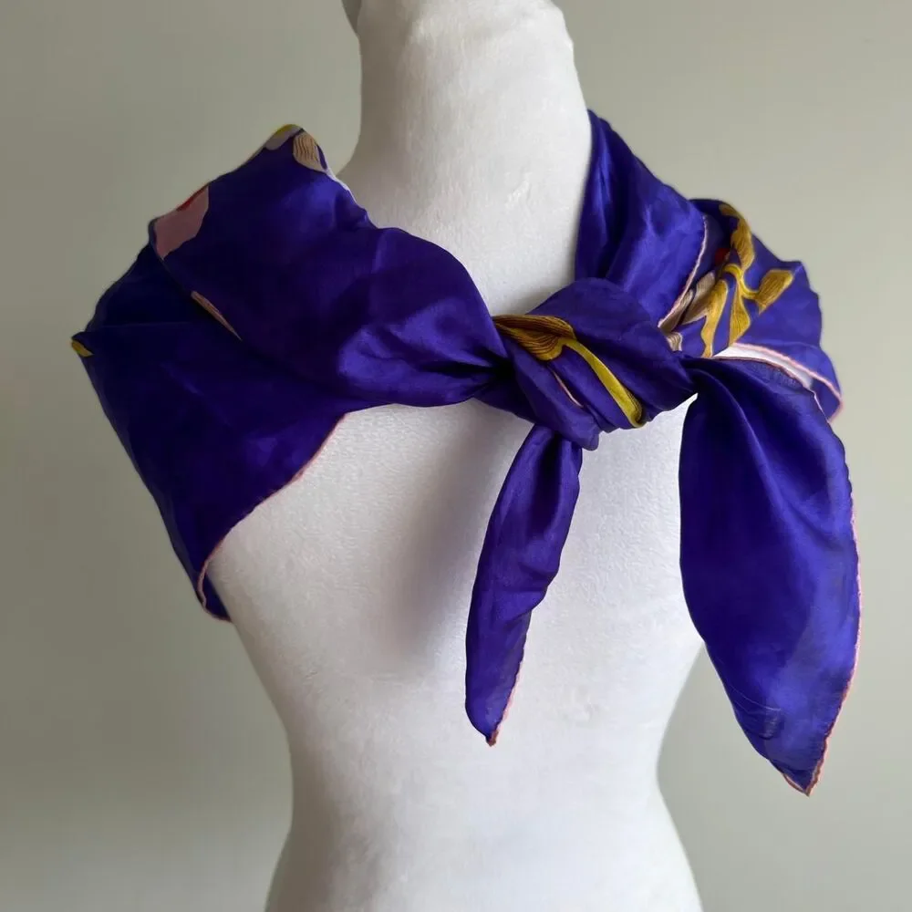 Vintage Purple Gold Red & Pink Floral Silk Square Scarf Old Money Coastal Granny